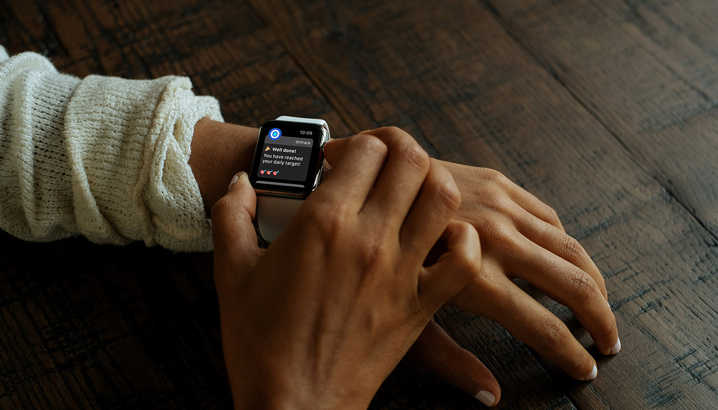 The OnTrack app displayed on an Apple Watch