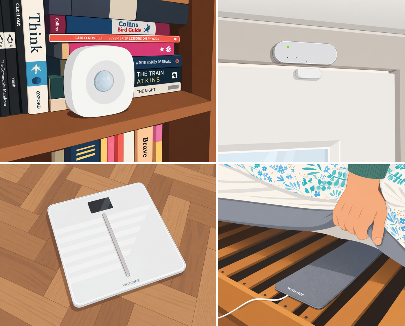 Illustration of four home sensors: a motion sensor on a bookshelf, a sensor on a door frame, a set of bathroom scales, and a sleep sensor being placed under a mattress.